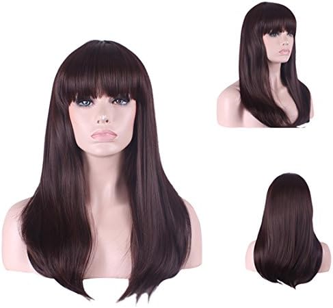 VELVEL 22" Long Straight Dark Brown Wigs for Women with Bangs Synthetic Party Wigs with Free Wig Cap