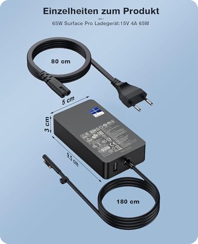 Surface Charging Cable 65 W Microsoft Surface Charger Power Supply for Surface Pro 11/10/9/8/7+/7/6/5/4/3/X, Windows Surface Laptop 7/6/5/4/3/2 Studio i5, Surface Go 4/3/2 Tablet, Surface Book 3/2/1, with USB