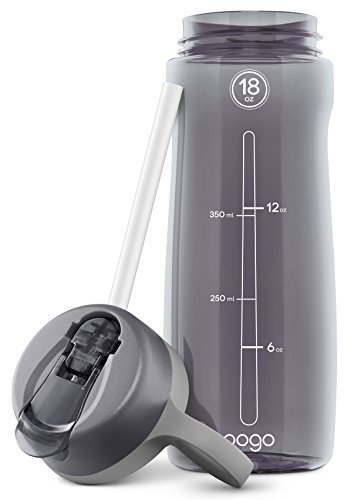 Pogo BPA-Free Plastic Water Bottle with Flip Straw, Grey, 18 oz Standard