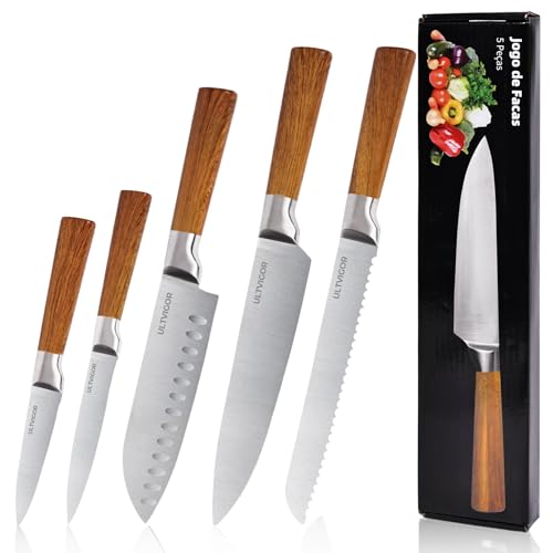 ULTVIGOR Jogo de Facas 5 Peças, 4CR13 Aço Inoxidável Afiado e Durável, Cabos antiderrapante, Corte Preciso para Cozinhas Domésticas, Inclui Faca de Chef, Santoku