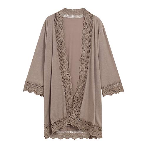 HTDBKDBK 2019 Woman Fashion Sexy Solid Color Kimono Cardigan Lace Tops Open Front Cardigan Coat Tops Women Kimono Khaki - Thumbnail 7