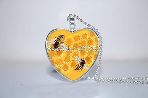 ArtShop Fashion Jewelry Honey Bees Heart Pendant Bee Jewelry Bee Heart Necklace Glass Photo Cabochon Necklace Christmas gift