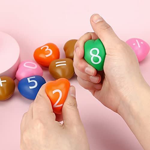 LOVESTOWN Math Stress Balls, 15PCS Multicolor Heart Shaped Balls Stress Relief Toys Squeeze Balls for Preschool Education Arithmetic Addition Subtraction Multiplication and Division