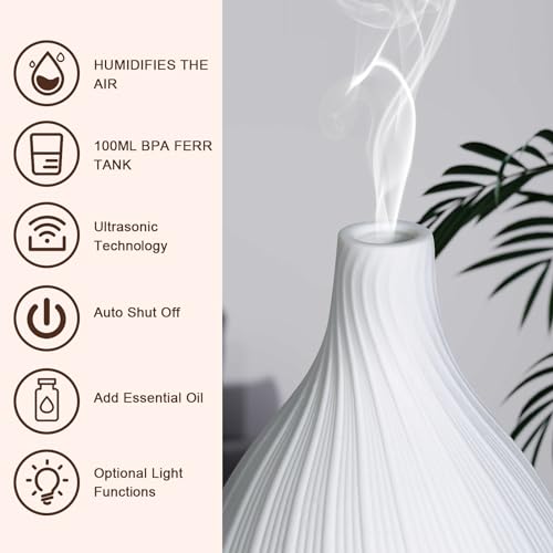 Ceramic Essential Oil Diffuser Humidifier, GuKKK Silent Ultrasonic Aromatherapy Humidifier, with Timers and 7 LED Colors, for Home Office Bedroom (100ml)