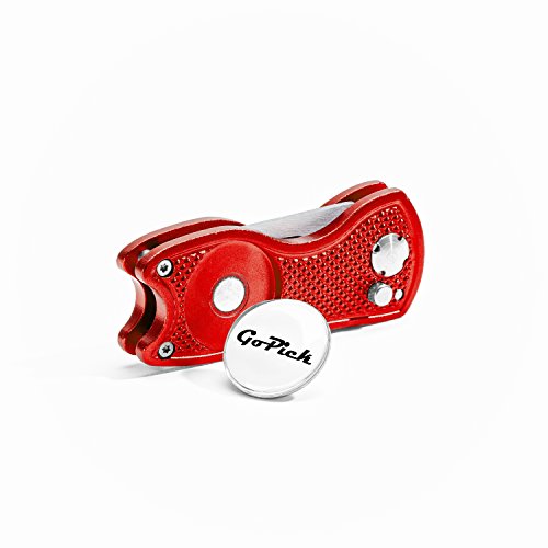 Red GoPick Golf Divot Repair Tool - Stainless Steel Switchblade With Detachable Ball Marker
