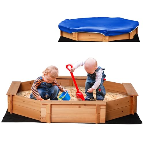 Outsunny Kids Sandbox with Cover, Octagon Wooden Sand Box with Seat, Outdoor Children Sand Pit for Backyard, Garden, Beach, 55" x 55" x 8.5", for Ages 3-8