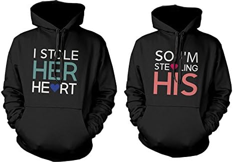 365 Printing Stealing Hearts Romantic Couple Hoodies His and Her Matching Outfit (Men- Small/Women- Medium) Black Apparel