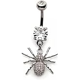 Pierced Owl 14GA 316L Stainless Steel CZ Crystal Paved Spider Dangling Belly Button Ring