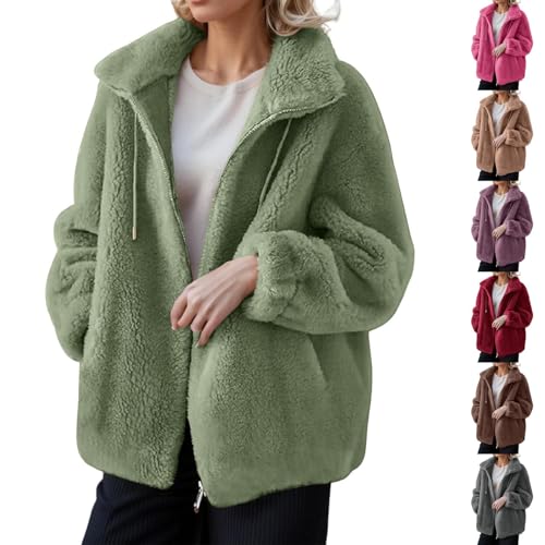 Womens Fleece Jackets Full Zip Winter Warm Womens Fuzzy Fleece Coat Oversized Fuzzy Teddy Jacket Warm Casual Sherpa Zip Jacket Fashion Drawstring Overcoat Solid Color Long Sleeve Ladies Tops Outerwear