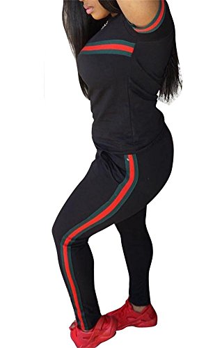 Molisry Women 2 Pieces Sweatsuits Short Sleeve Crop Top Side Striped Slimfit Pants Outfits,Ablack,XX-Large - Thumbnail 2