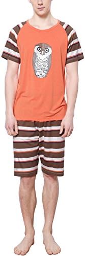 HACAI Men's Pajama Set Soft Cotton Stripe Short Sleeve Sleepwear(S-XXL) Orange M