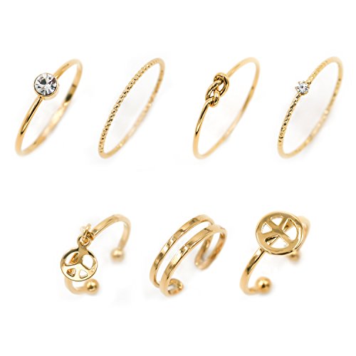 Fashion Jewelry Rings Set of 7 pcs Stackable Peace Symbol Midi Kunckle Anti-tarnished Real Gold Plated Filigree Cute Dainty Rings Pack for Woman Ladies Girls (Gold)