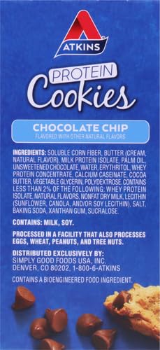 ATKINS CHOCOLATE CHIP PROTEIN COOKIE, PROTEIN DESSERT, RICH IN FIBER, 3G NET CARB, 1G SUGAR, KETO FRIENDLY, 4 COUNT