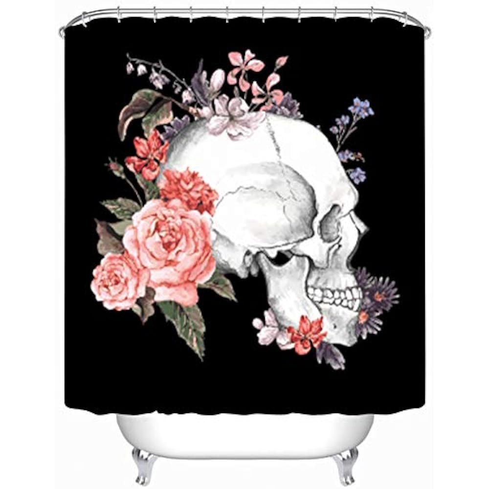 Skull Shower Curtain Sets Curtain, Black White Flower Rose, Bathroom