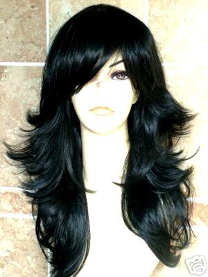 Ladies Wig Long Natural Black Fashion Wig With Fringe Tapered