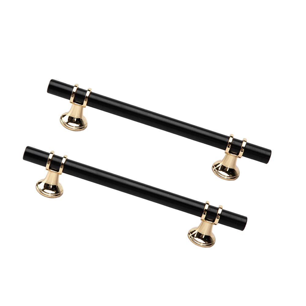 Dreneco 2 Pack Cupboard Handles Zinc Alloy Kitchen T Bar Handle Drawer Wardrobe Cabinet Furniture Door Pulls Knobs (128mm Hole centres, Black+Gold)