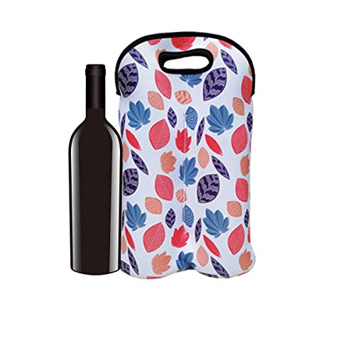 QAZSE Neoprene Wine Tote Bag 2-Bottle Carrier Reusable Thicken Durable Insulated Champagne Bottle Gift Bags for Travel, Party, Picnic, Colorful Leaves