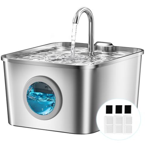 Katzenbrunnen Edelstahl Trinkbrunnen für Katze: 2,6L Katzen Trinkbrunnen, Ultra leise Katzentrinkbrunnen Wasserbrunnen für Katzen mit Wasserstandsfenster, LED, Aktivkohlefilter, 3 Filter + 3 Sponges