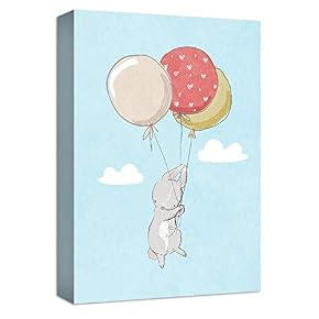 Grey Rabbit White Cloud Colorful Balloons Painting Artwork...