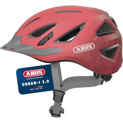 ABUS Stadthelm Urban-I 3.0 - Fahrradhelm mit Rücklicht, Schirm und Magnetverschluss - für Damen und Herren - Koralle, Größe L (56-61 cm)
