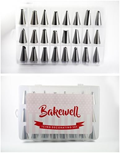 Bakewell- Professional Icing Cake Decorating Set - 24 Piece Stainless Steel Piping Tips, 2 Couplers, 2 Reusable Silicone Pastry Bags, 5 Disposable Icing Bags + BONUS eDesign Book &amp; Cleaning Brush