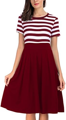 AAMILIFE Women's Vintage Stripe Scoop Neck Short Sleeve Swing Dress Red XL