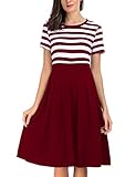 AAMILIFE Women's Vintage Stripe Scoop Neck Short Sleeve Swing Dress Red XXL