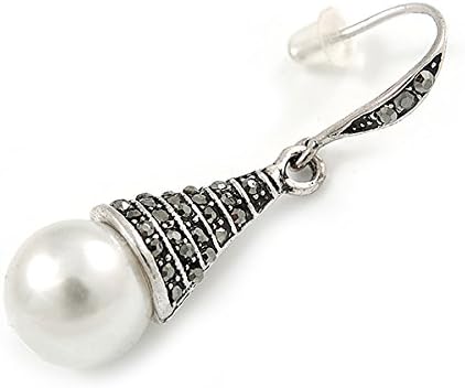Marcasite Hematite Crystal Faux Pearl Drop Earrings In Silver Tone - 45mm L, dark grey, silver, white / ivory - Image 3