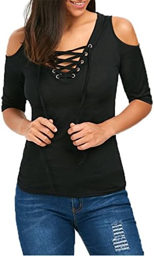 ONLYSHE Sexy Womens Slim Cold Shoulder Tops Basic T Shirts Blouse Tee with V-Neck Black Large