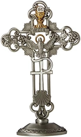 Elysian Gift Shop RCIA -Confirmation 6" H Silver Tabletop Sacramental Standing Cross with Flying Holy Dove on The Center and Gold Chalice and Host Detail on The Top of The Crucifix