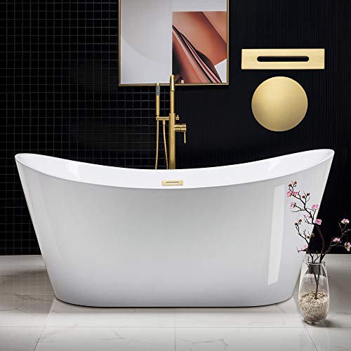 WOODBRIDGE 67" Acrylic Freestanding Bathtub Contemporary Soaking White Tub with Brushed Gold...