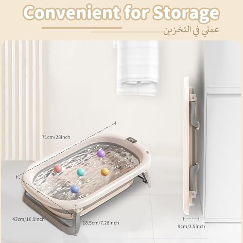 Foldable Baby Bath Tub with Seat, Portable Infant Bathtub, Drain Hole and Thermometer, Anti-Tip Legs, Non-Slip Shower Basin for 0-8 Years Boy Girl