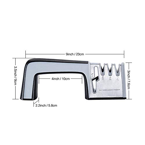 Kitchen Knife Sharpener, 4 in 1 Scissors and Knife sharpener 3-Stage Knife Sharpening Diamond Coated Tungsten steel ceramic Wheel Tool Helps Repair, Restore and Polish Blades (black-grey)