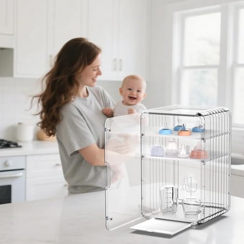 GOGOBAO Baby Bottle Organizer,Clear Baby Bottle Storage Organizer for Countertop and Cabinet,with Drying Rack and Hook,Space-Saving,Multifunctional Station Organizers Accessories
