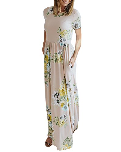 MEROKEETY Women's Short Sleeve Floral Print Empire Waist Full Lenght Maxi Dress with Pockets