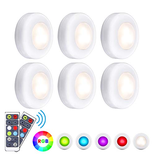 LED Closet Lights Elfeland RGB Puck Lights 16 Colors 3 Modes Fairy Lights Wireless Under Cabinet Lighting Battery Powered Night Lights with Remote Control Dimmer & Timing Function (6 Pack)