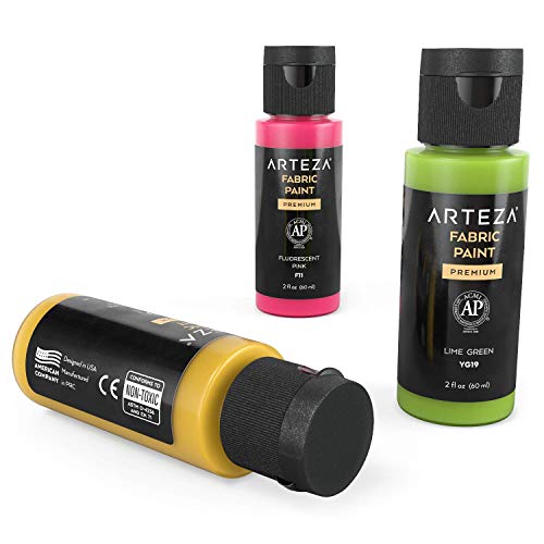 ARTEZA Permanent Fabric Paint, Set of 24 Colors, 60 ml Bottles, Washer