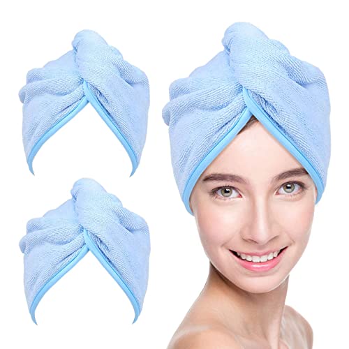 YoulerTex Microfiber Hair Towel Wrap for Women, 2 Pack 10 inch X 26 inch, Super Absorbent Quick Dry Hair Turban For Drying Curly, Long & Thick Hair (Blue) — image 1