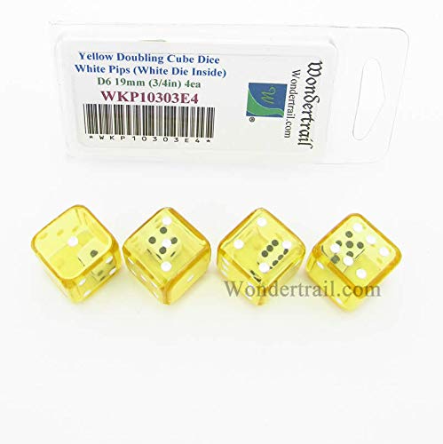 Yellow Doubling Cube Dice with White Pips D6 19mm (3/4in) (White Die Inside) Pack of 4 Wondertrail