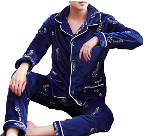 hower Men Winter Autumn Thermal Flannel Sleepwear Jacket and Pants Pajama Set