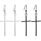 Kawailay 2 Pairs Stainless Steel Cross Earrings Long Cross Dangle Earrings Gothic Punk Rock Hip Hop Drop Earrings for Women - Silver and Black