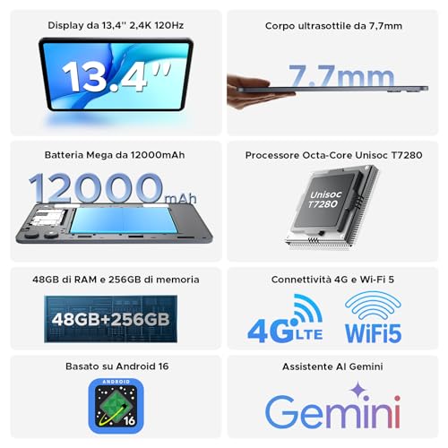 POPUX P13 Pro Tablet 13 Inches, IPS 2.4K, 120Hz,T7280 Octa-Core, 48GB+256GB(TF 2TB), 12000mAh/18W, 16MP+8MP, 4G LTE, Gemini AI Tablet Android 16, Face ID/WiFi5/GPS/FM/Tablet with Keyboard and Pen