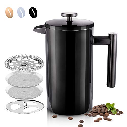 SULIVES Large Stainless Steel French Press Coffee Maker Double Wall Vacuum Insulated Stainless Steel Body- 34 oz/ 1000 ml - BLACK