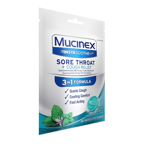 MUCINEX INSTASOOTHE SORE THROAT + COUGH RELIEF ALPINE HERBS & MINT FLAVOR, FAST ACTING, COOLING COMFORT, POWERFUL SORE THROAT ORAL PAIN RELIEVER, 40 MEDICATED DROPS
