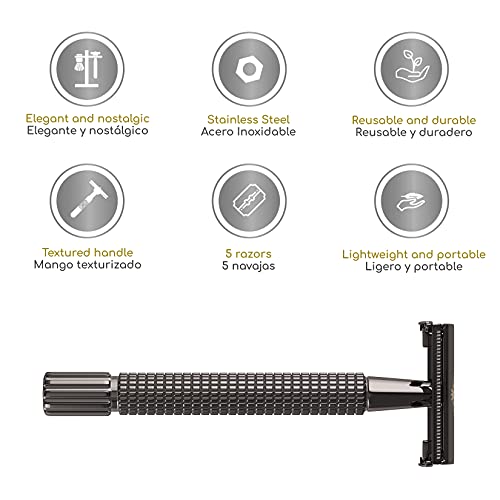 Mamba Shave Rastrillo para Afeitar Ragnar de Acero Inoxidable con 5 navajas de doble filo. Rastrillo Mariposa. Rastrillos para Afeitar Hombre Vintage. Rastrillo de Seguridad. Safety Razor (Grafito)