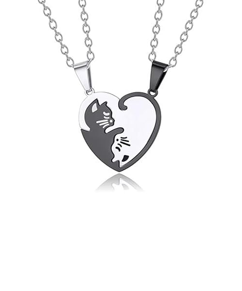 Tivleed Matching Necklaces for Couples, Cat Necklace, Matching Necklaces, Friendship for 2 Contrasting Black & White Cat Pendant Stainless Steel Collar Chain, Unisex Jewellery Gifts for Pet Lovers