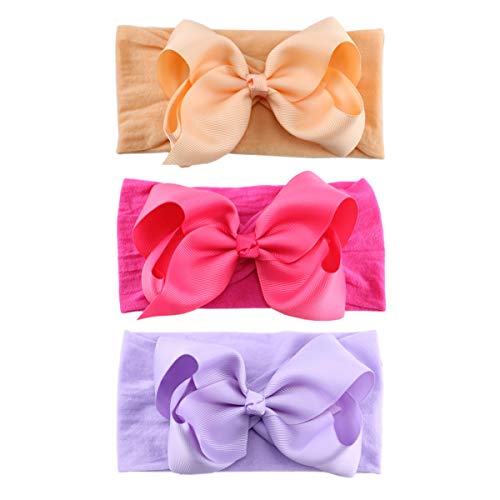 12PCS Baby Girls Grosgrain Ribbon Hair Bows Nylon Headbands 5Inch Big Bow Knotted Soft Nylon Hairbands Turban Head Wrap for Infants Toddlers Newborns Kids