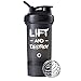 GOMOYO Motivational Quote on Blender Bottle Brand ProStak Shaker Cup, 22 Ounce Protein Shaker Bottle with BlenderBall Whisk and Two Twist n’ Lock Attachable Containers (Lift & Destroy - Black)