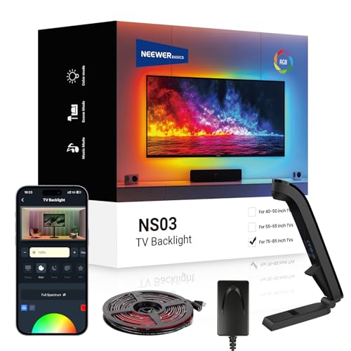 NEEWER TV Backlight for 75"-85" Screens, 16ft/5m LED RGB Light Strips with Sensor Change with TV, Scheduled On/Off, Zero Delay Color Sync, Music Sync, 24 Scene Effects, Supports App Control, NS03
