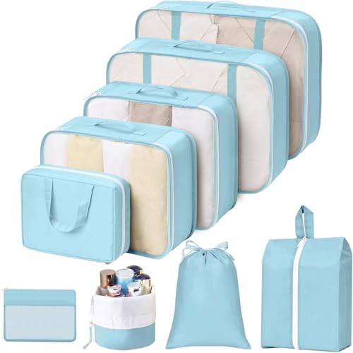 Easortm Packing Cubes for Travel - 9-Piece Luggage Packing Cubes for Suitcases Lightweight, Fits Carry-On Wrinkle-Free Mesh Bags for Efficient Travel Organization (Blue)